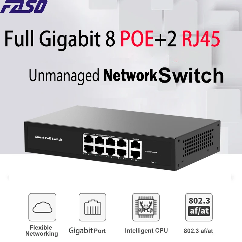 

POE Ethernet Switch 8 Port Gigabit POE with 2 Port Up Link Unmanaged Plug and Play Desktop Wall Mount Network Wireles AP Switch