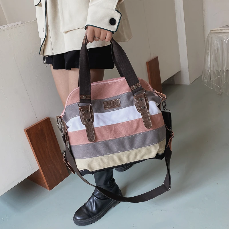 Pink Gray White Khaki Stripe Patchwork Canvas Women Handbags Fashion Leisure Large Totes Bags Summer Travel Ladies Shoulder Bags