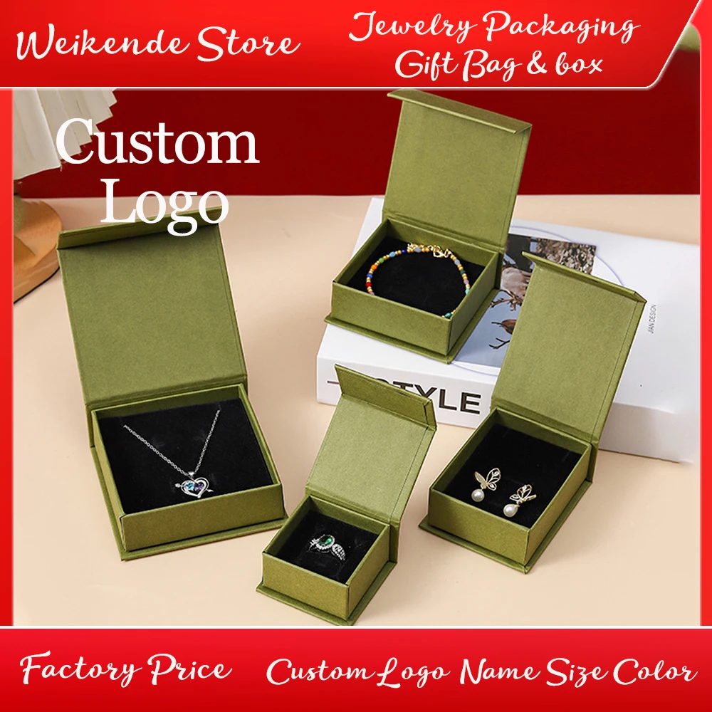 

New Magnetic Flap Jewelry Box Earrings Ring Bracelet Olive Green Paper Gift Packaging Boxes Custom Logo Wedding Favors Organizer