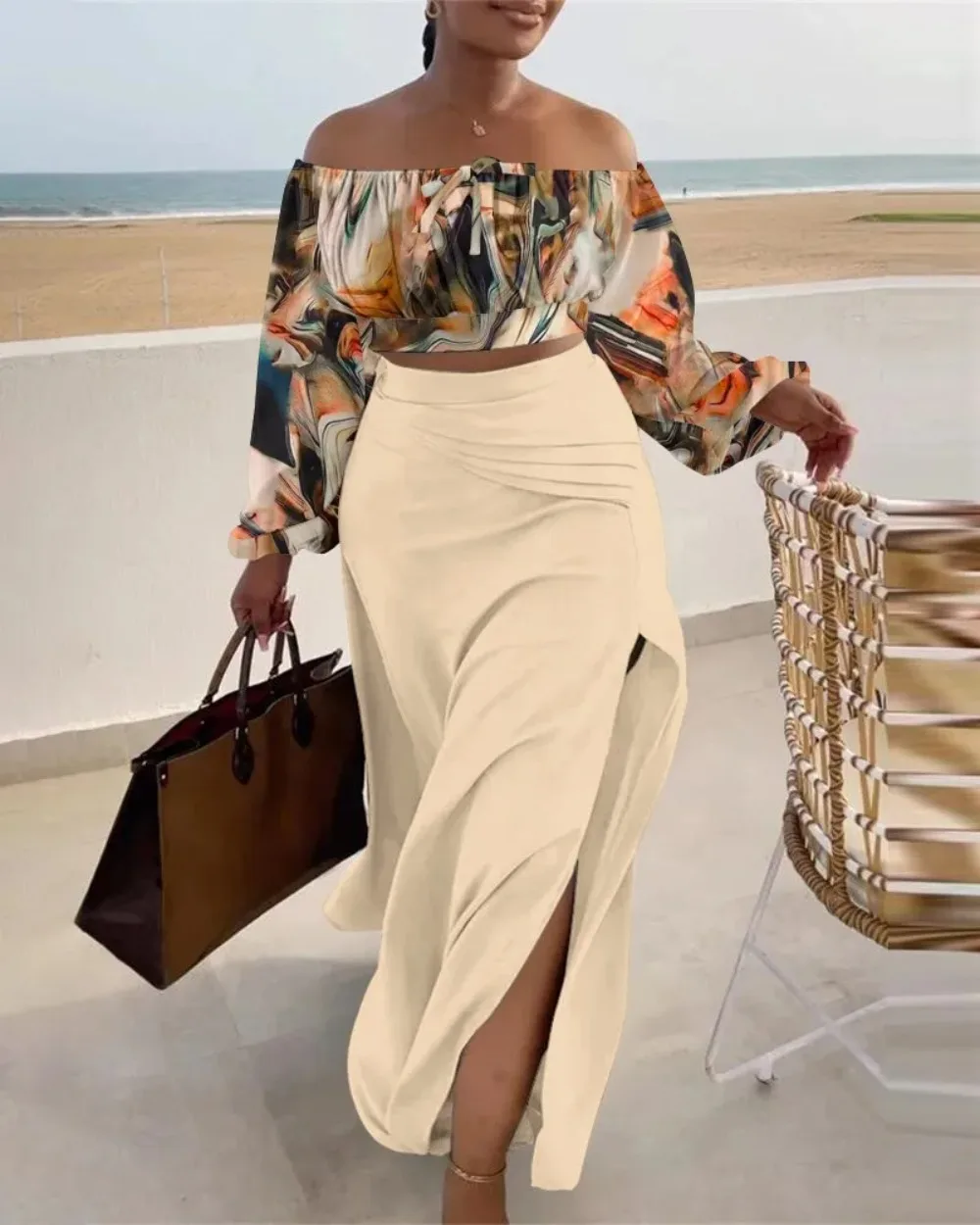 Elegant Beach Style 2 Piece Set for Women, Off Shoulder Top, Split Skirt, Fashion Print, Autumn, 2022