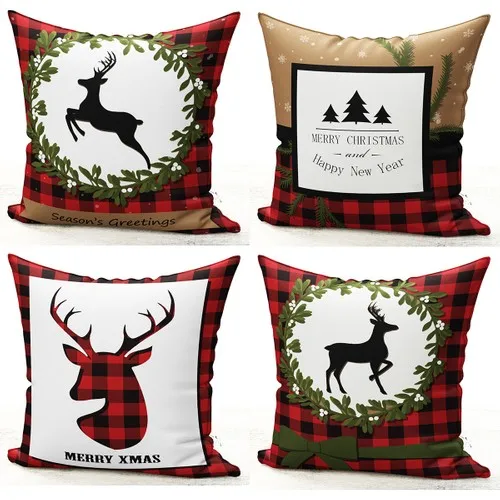 Bk Home Decor Decorative Christmas Deer Themed 4'lü Pillow decorate Case Set