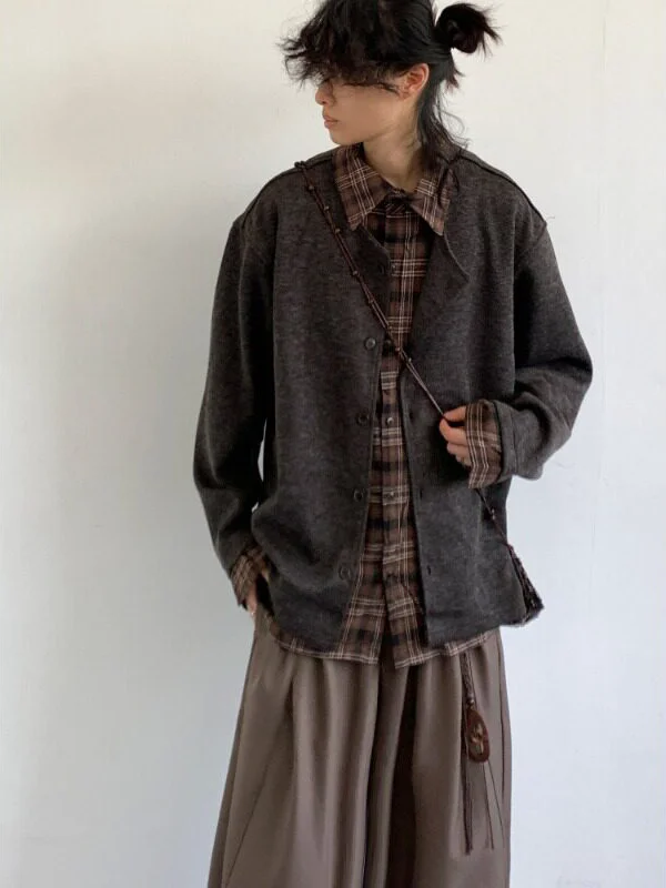 Jiwuu Autumn Winter Plaid Long Sleeve Shirt Unisex College Style Neutral Vintage Open Cardigan Men's Fashion Polyester Fiber