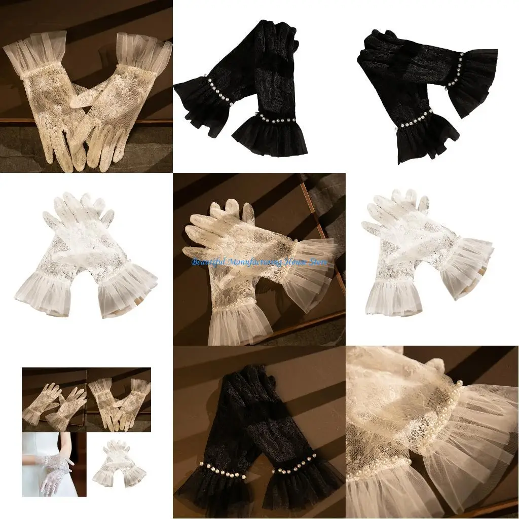 E56A الدانتيل زهرة قفازات السهرة قفازات شفافة للعروس مناسبة رسمية مريحة حفل زفاف العروس اليد الملحقات