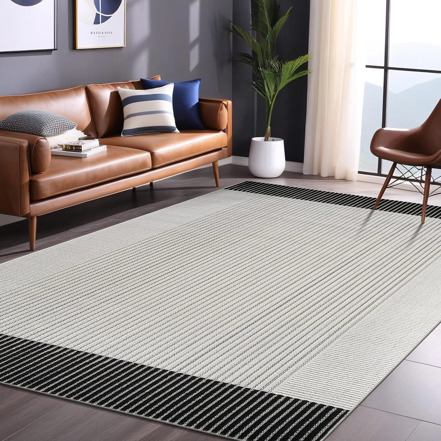 

Modern Micro Loop Indoor Area Rugs for Living Room Bedroom Kitchen Geometric Striped Black-White Luxury Durable Low and High Pil
