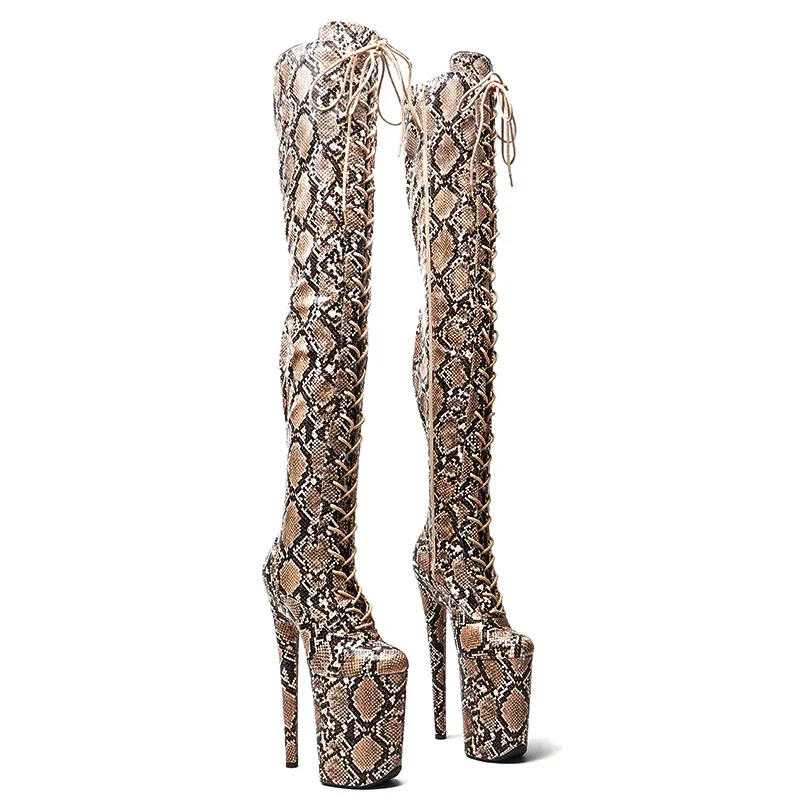 Leecabe   23CM/9inches Snake material PU  fashion  lady  High Heel platform stripper heel  Pole Dance boots