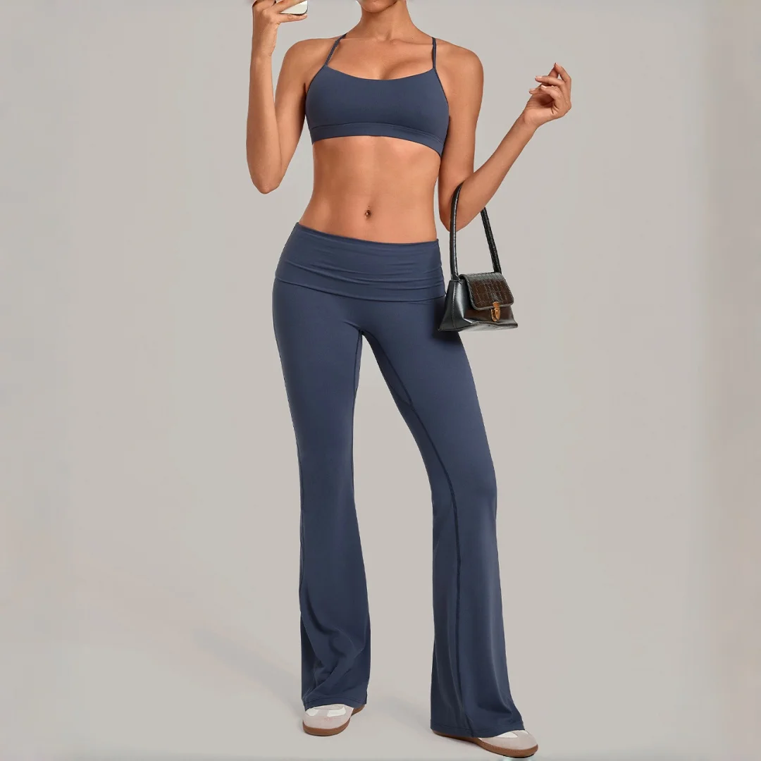 Women's Yoga Set Peach Hip Invisible Pleated Speaker Pants Neck Fold Waist Sports Suit Running Workout Gym Leggings Yoga Suit