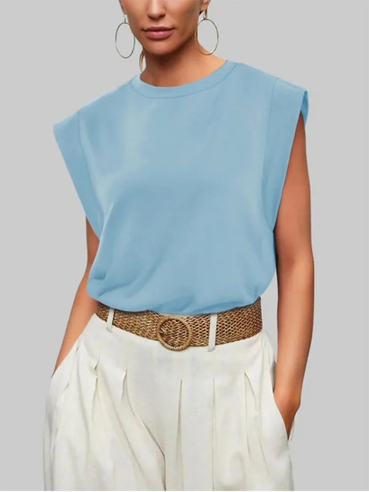 Lady Sleeveless Round Neck Vest Summer Casual Solid Color Top Trend Simple T-shirt