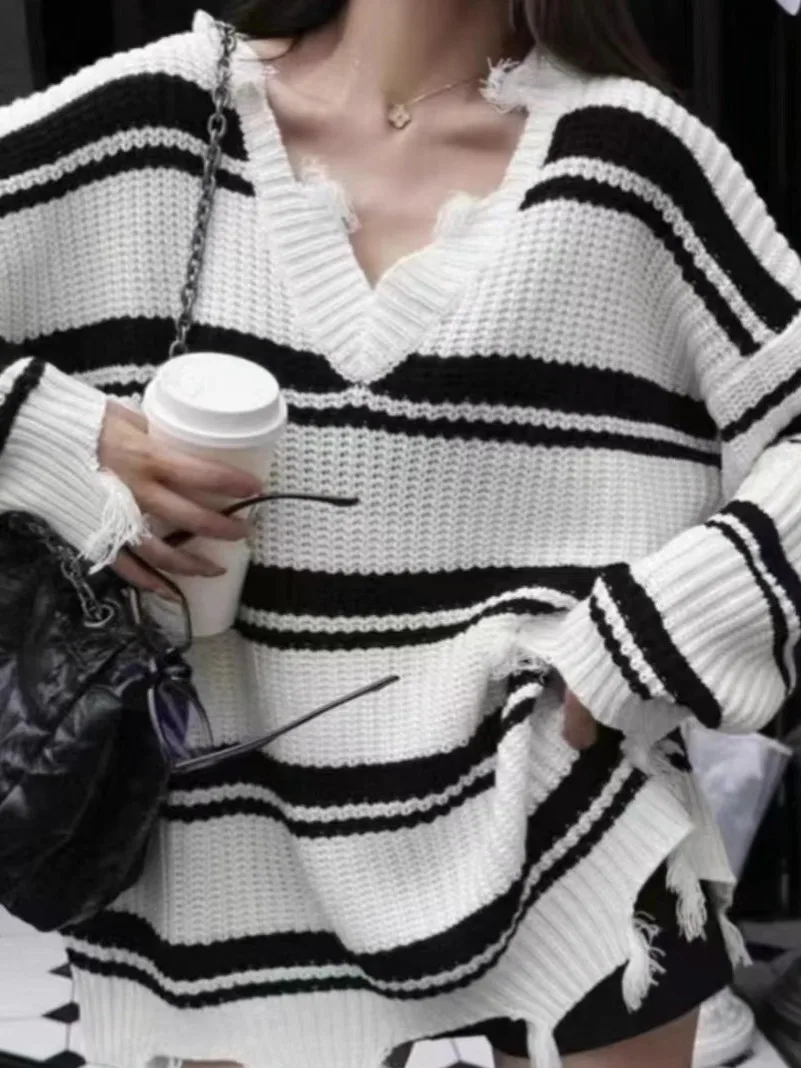 

Ele Lace Knit Sweater Women's Loose Striped V-Ne Pullover Autumn Winter Faion Commute Sle Long Sve Polyester
