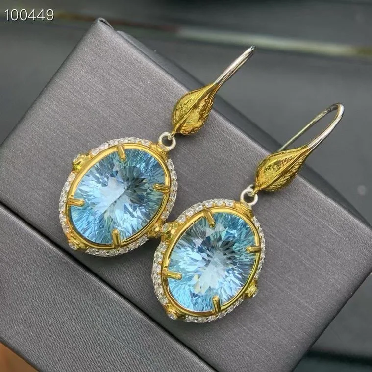 Natural Topaz Earrings, 925 Silver Two-Tone Finish Handmade Blue Gemstone 12x16mm Main Stones, Crystal Jewelry Gift for Women