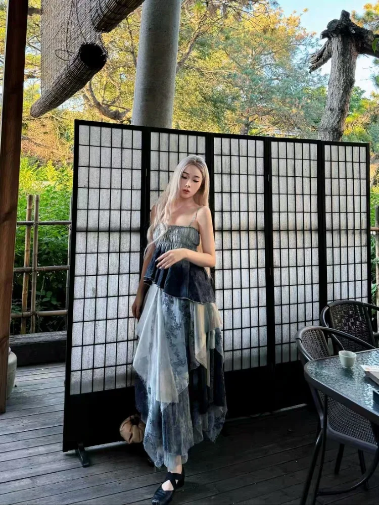 

Комплект из топа и юбки adient Bell Sve, окрашенный вручную синим цветом We Silent Hill Blue, топ на бретельках и асимметричная юбка, женская одежда.