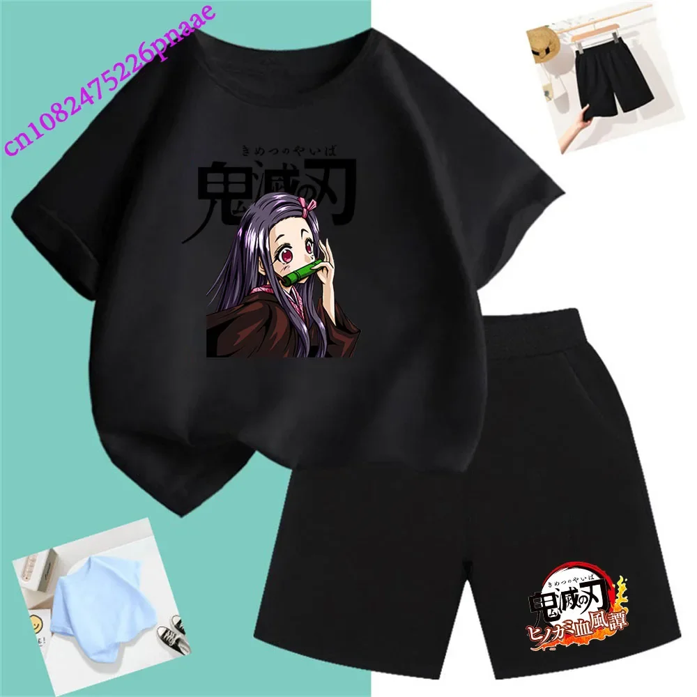 Demon Slayer t shirt Fashion Summerdress2024 Short Kid Short T-shirt Baby Tee Sets Fashion Casual O-neck Breathable KawaiiShorts