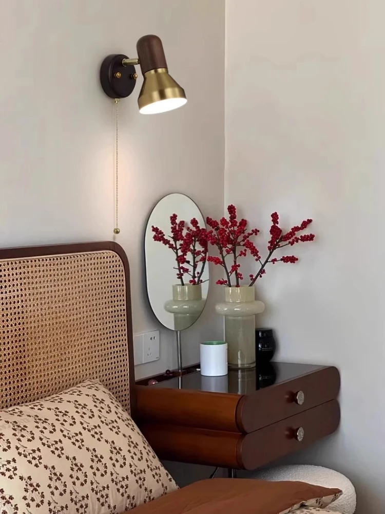 Middle ancient style solid wood wall lamp retro homestay bedroom rotatable with cable dressing table study reading bedside lamp