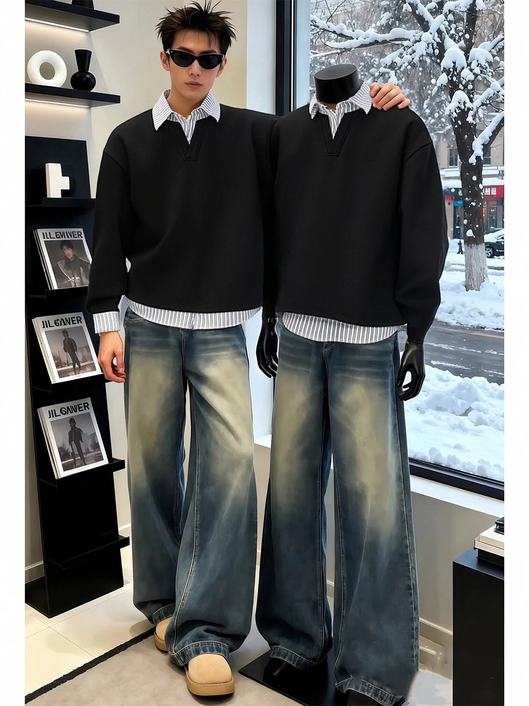 

Мужская толстовка с американским полосатым принтом, имитация двухслойности, с воротником Cleanfit, длинный рукав