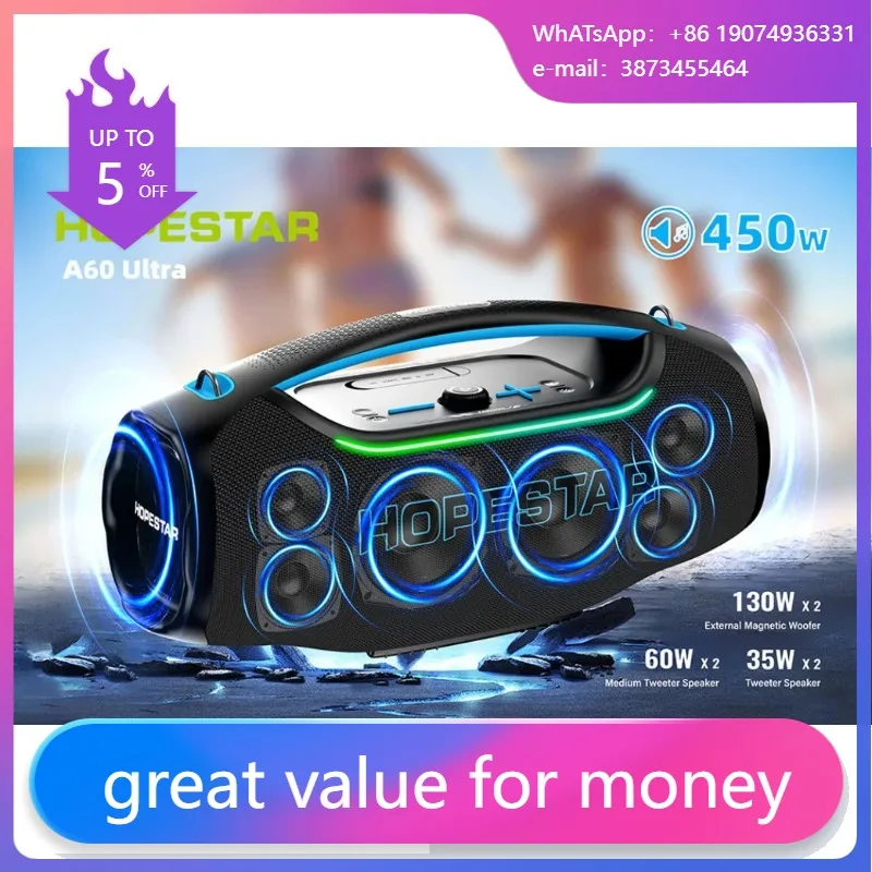 

HOPESTAR A60 ULTRA 450W Home Outdoor Dual Use Speaker with Bluetooth 5.4 Wireless Microphone 30000mAh Battery IPX6 Waterproof