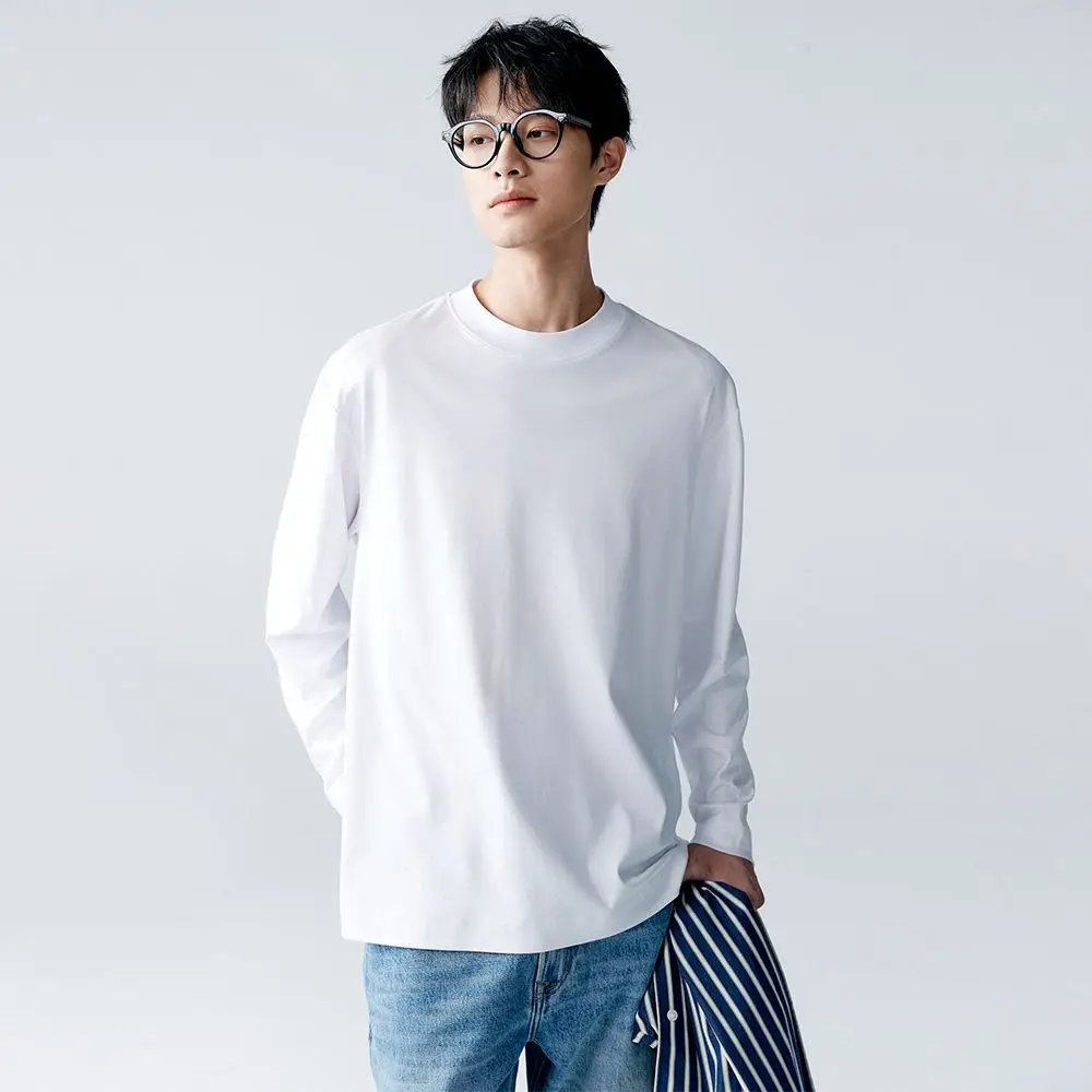 2025 Autumn Xinjiang Pure Cotton Spring Top with White Bottoming Super Long Staple Cotton Worsted Long-sleeved T-shirt for Men