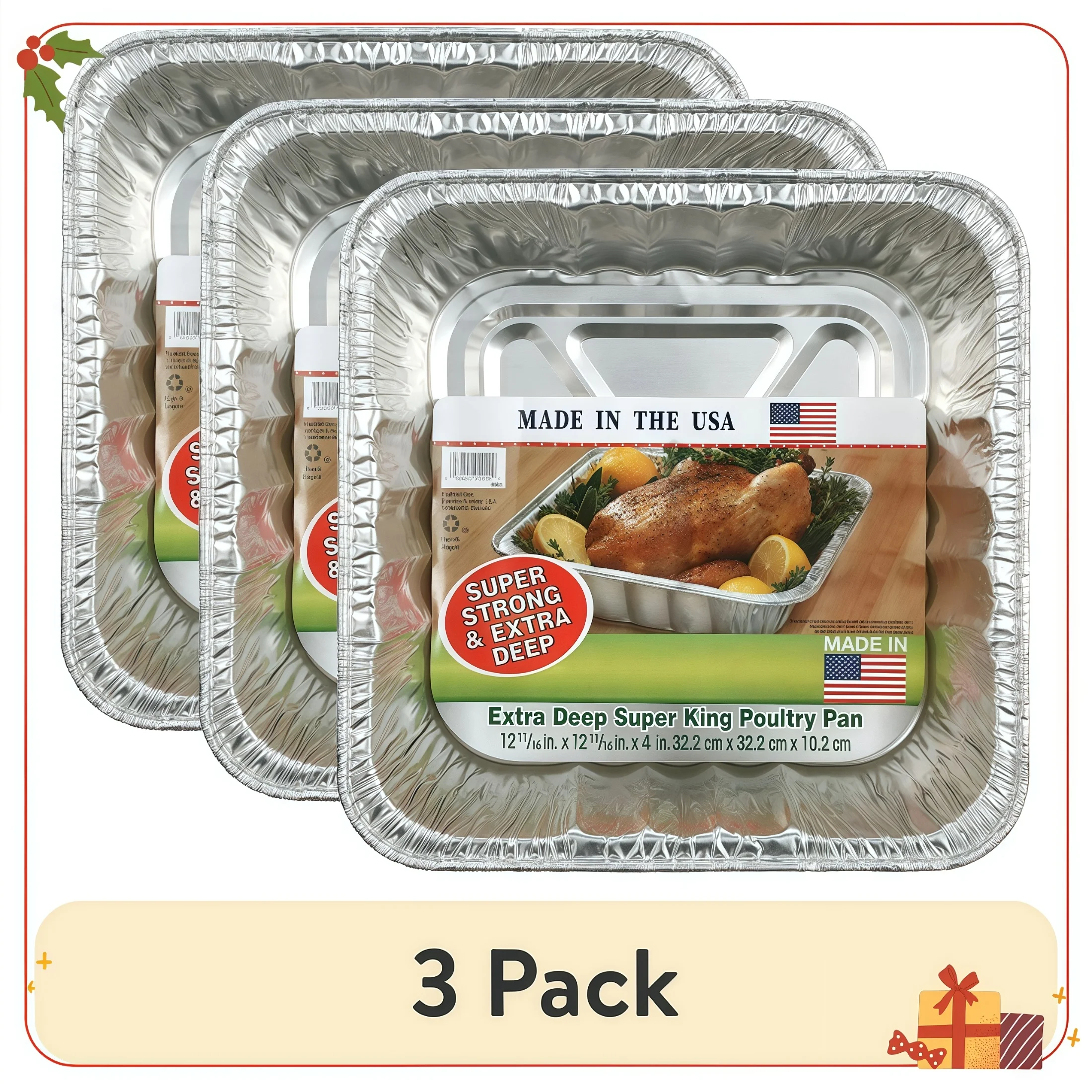 3-Pack 12.6 Inch Square Super King Poultry Pans, Extra Large Aluminum Roasting Trays for Turkey & Meat Cooking