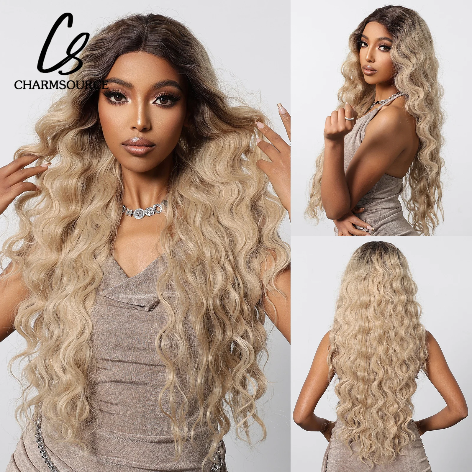 

CharmSource Lace Front Wigs Light Blonde Long Curly Synthetic Wig with Dark Root for Women Hair Party Daily High Quality