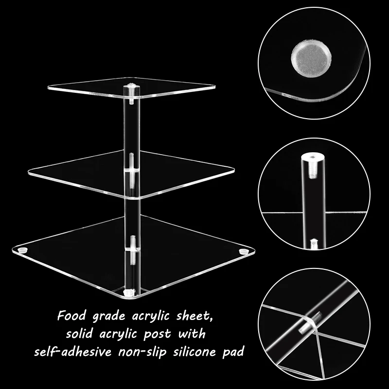 3 Tier Square Acrylic Cupcake Stand Transparent Cake Display Shelf Removable Assemble Wedding Birthday Party Deco Dessert Holder