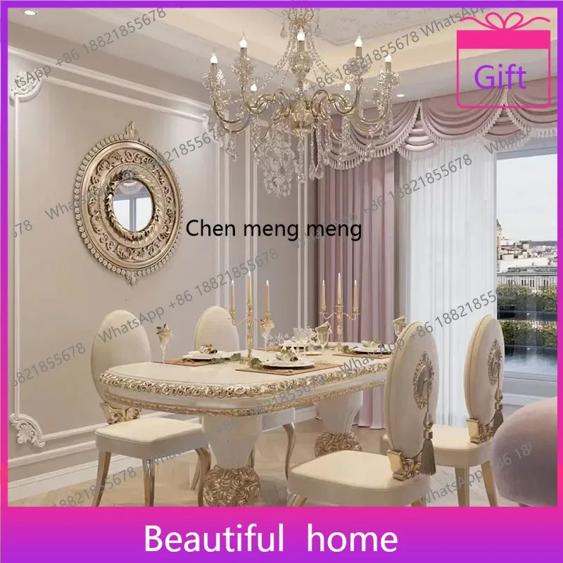 

French court solid wood dining table and chairs American, carved dining table modern simple living room dining room combination