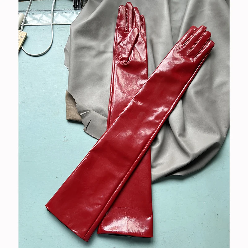 Guantes de charol genuino para hombre y mujer, manoplas largas, Sexy, brillante, para fiesta de noche, longitud superior, cuero brillante,
