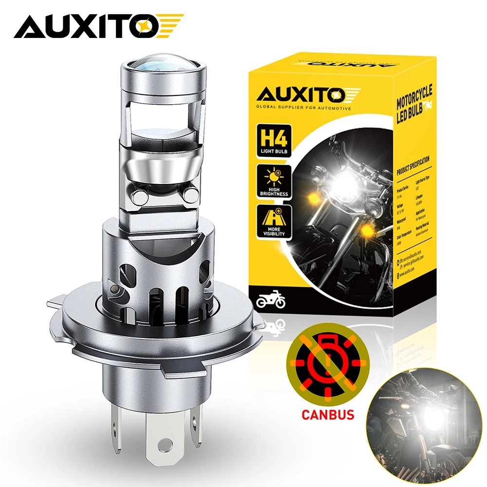 AUXITO 1Pcs H4 LED Bulbs Projector Lens High and Low Beam 6500K White H4 LED Projection Motorcycle Headlights 12V Motorbike Lamp