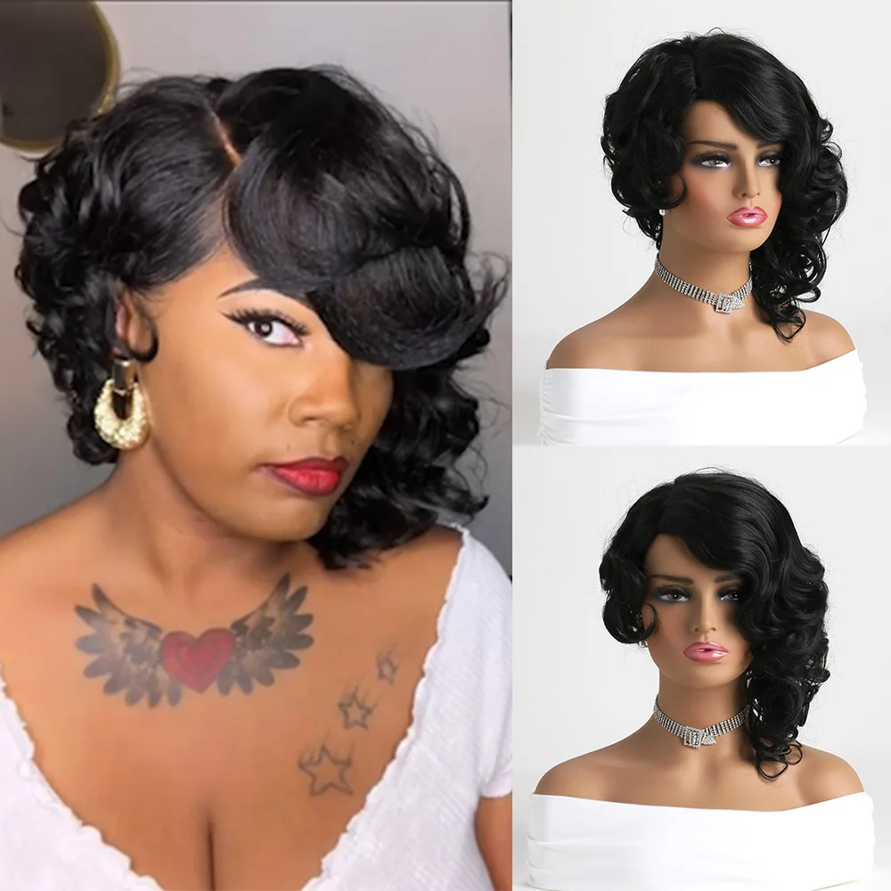 Synthetic Hair Wigs for Women Short Curly Wigs Female High Quality Natural Black Wig With Bangs Cheap Wigs on Sale Clearance