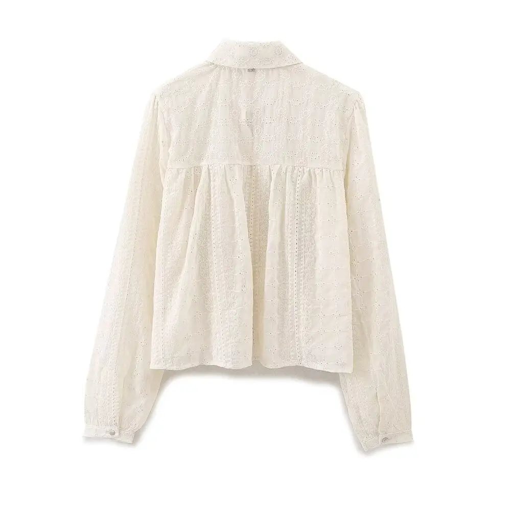 Tangada Women Beige Embroidery Cotton Shirt Long Sleeve 2024 Fashion Female Hollow Oversized Crop Blouse Tops 6H0212