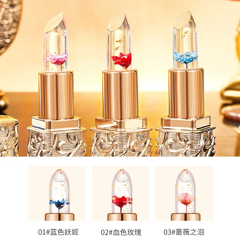 أحمر شفاه مرطب على شكل زهرة جيلي، ملمع شفاه متغير اللون بدرجة حرارة واضحة مع زهرة داخل بلسم شفاه مقاوم للماء يدوم طويلاً