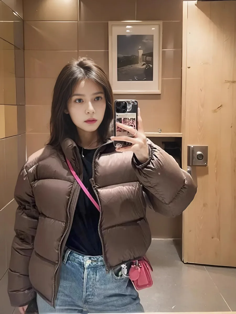 

American Sle Stand Collar Thiened down Jaet Women's Winter ort Warm Cotton Coat Slimming Outerwear Fem Faion