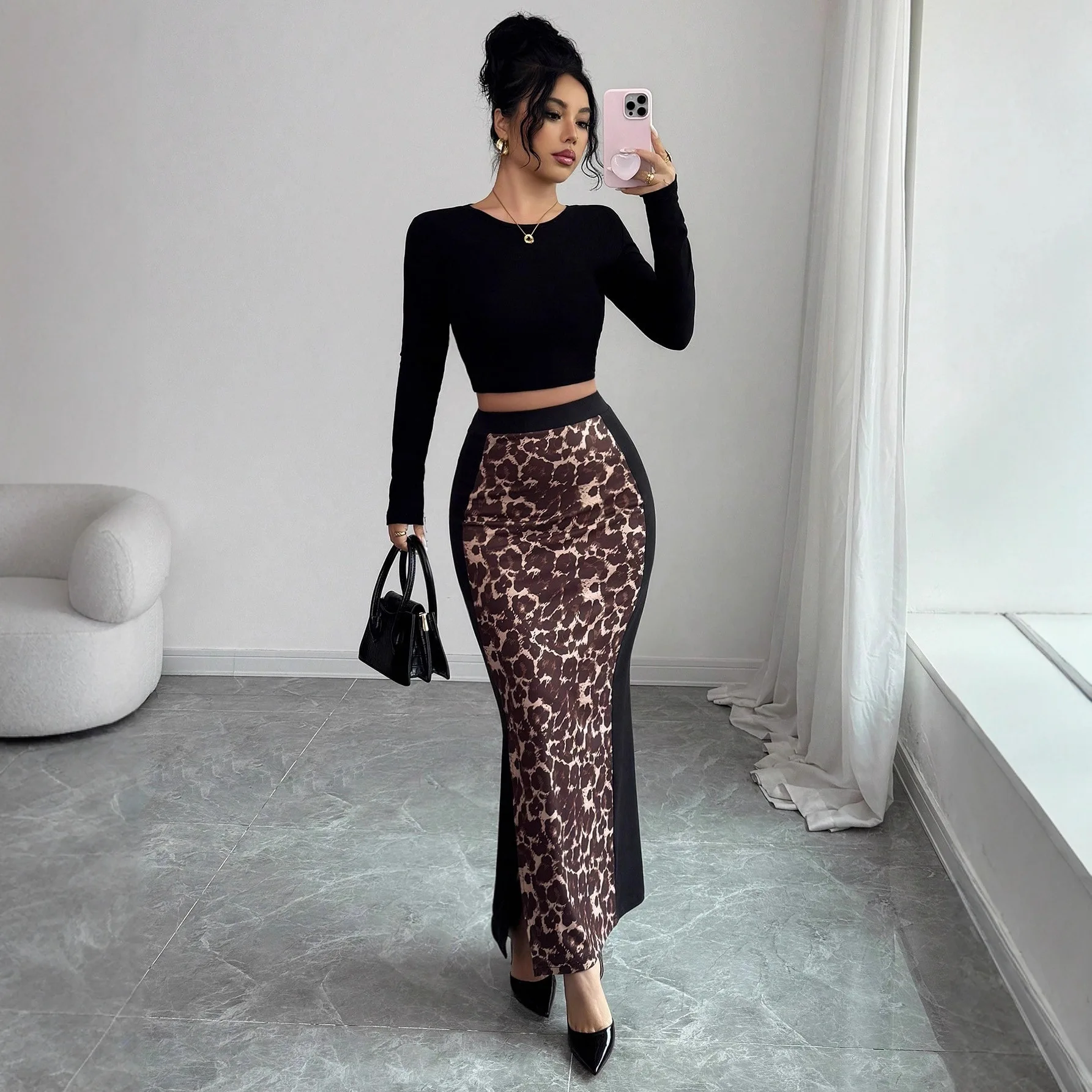 2026 New Leopard Print Splice High Waist Slim Fit Half Skirt Women's Split Design Elegant PVC Fish Tail Skirt for Middle Age
