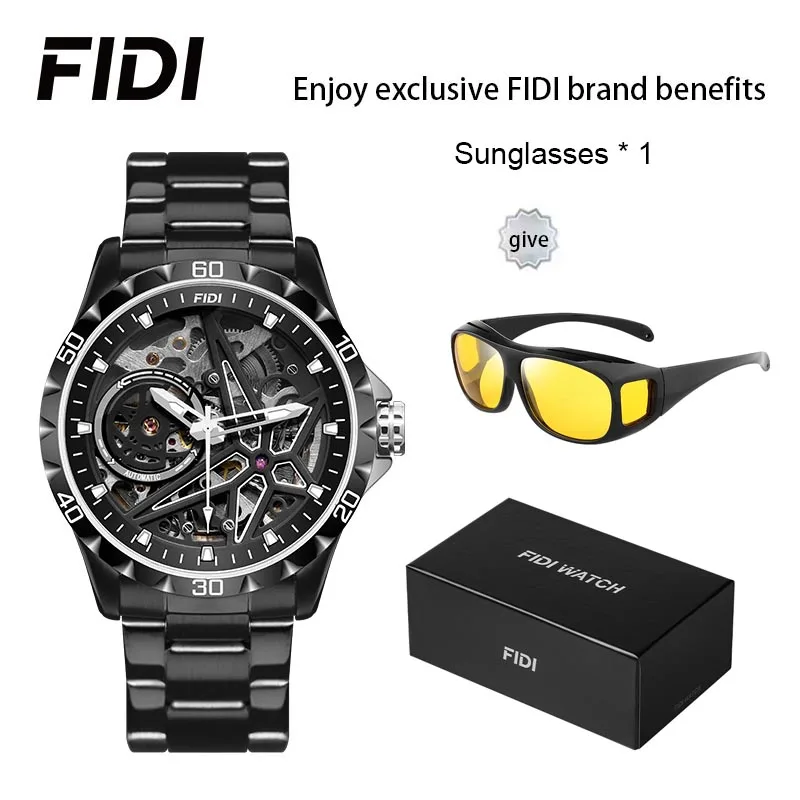 FIDI Men\'s Luxury Automatic Watch with Gift Fashion Sunglasses - Mechanical Waterproof stainless steel Strap Watch for Men FD103