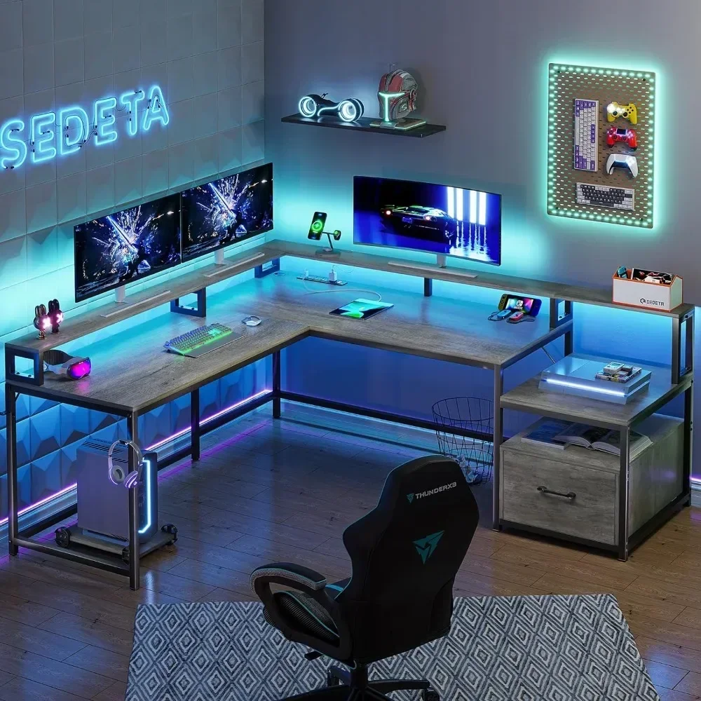 L Shaped Gaming Desk com gaveta e tomada, mesa do computador com luzes LED, monitor de armazenamento prateleira, Home Office, 66"