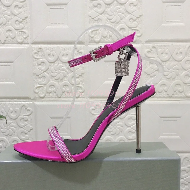 

Pink Metal Buckle Rhinestone Stiletto Sandals Women Gold Ankle Strap Open Toe High Heels Elegant Luxury Party Prom Summer Shoes