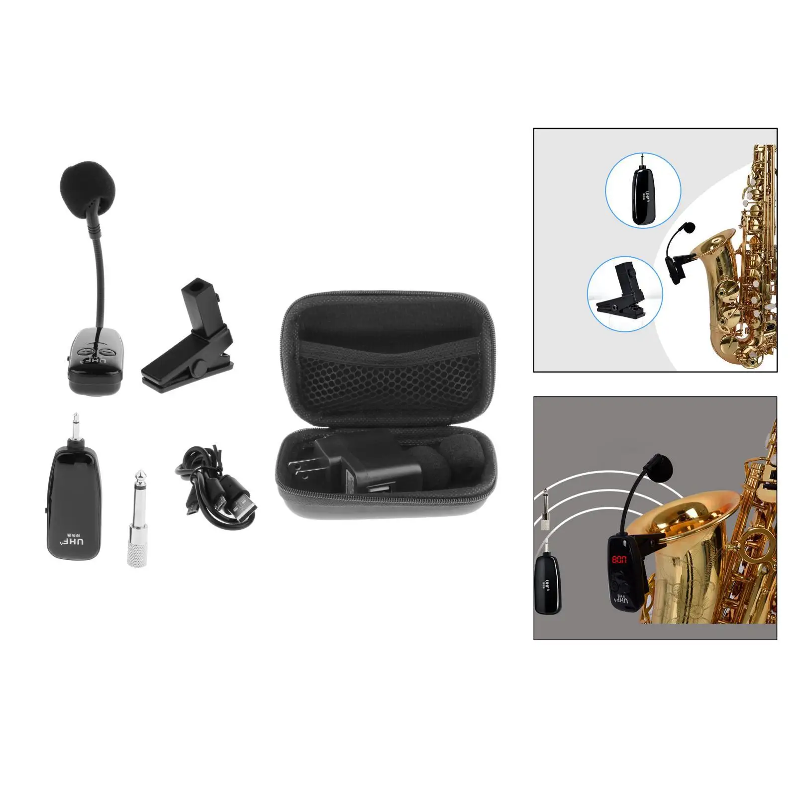 UHF Instruments Saxophone Microphone, with Receiver for Speaker Professional Musical Trumpet Voice Amplifier Condenser