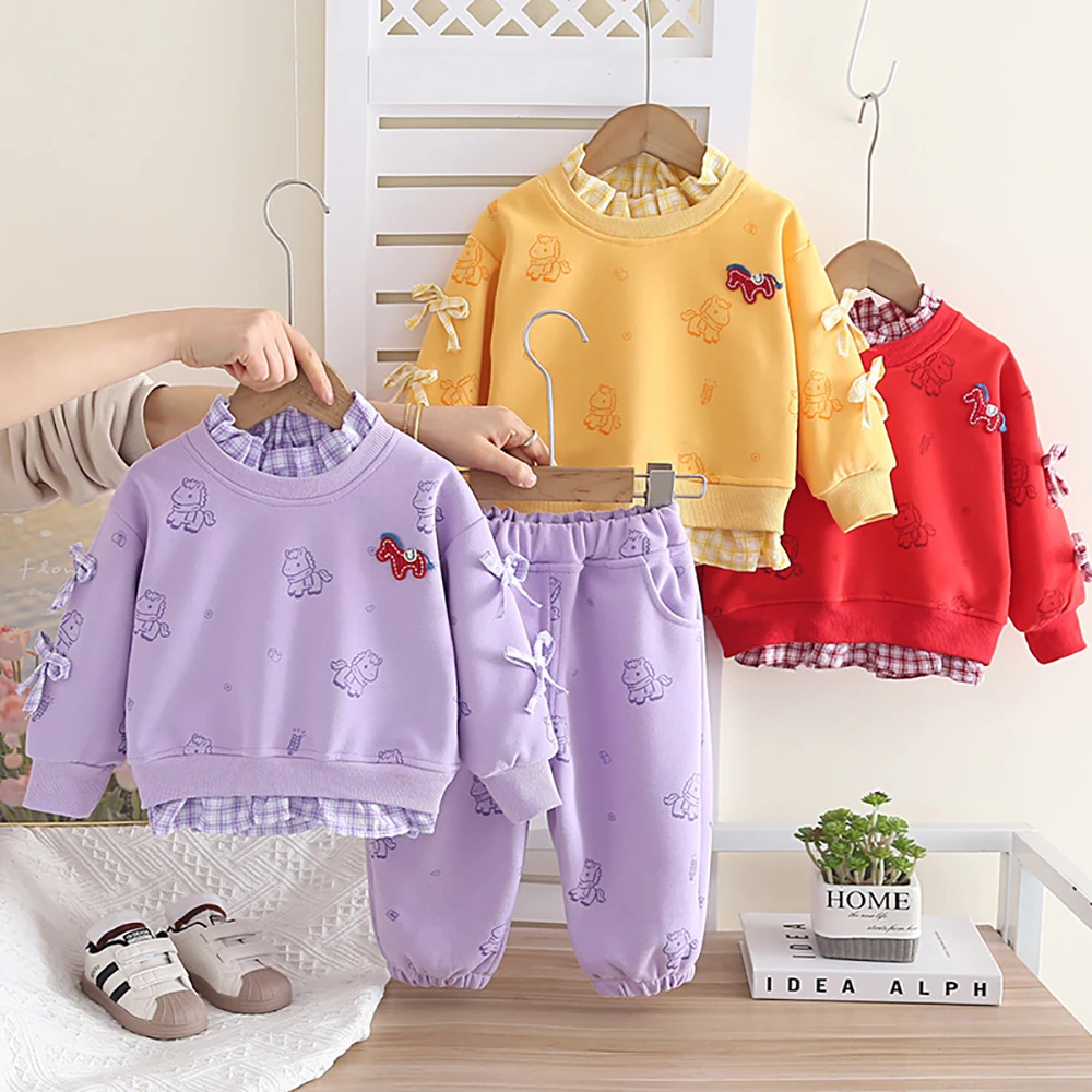 

Комплекты повседневной одежды для девочек: весенний костюм из двух предметов с мультяшным пони и бантом (свитшот + брюки), 2 шт., детский комплект для девочек, верхняя одежда