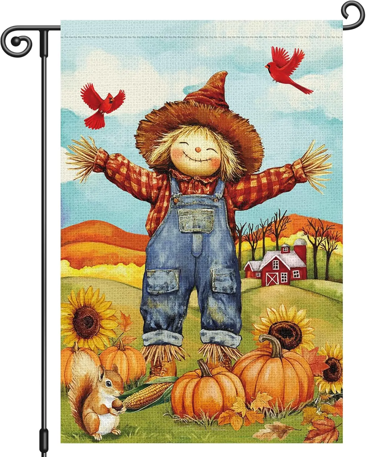 Louise Maelys Fall Garden Flag Scarecrow Pumpkin Cardinal Squirrel 12x18 Inch Double Sided Sunflower Floral Field Seasonal A hhz