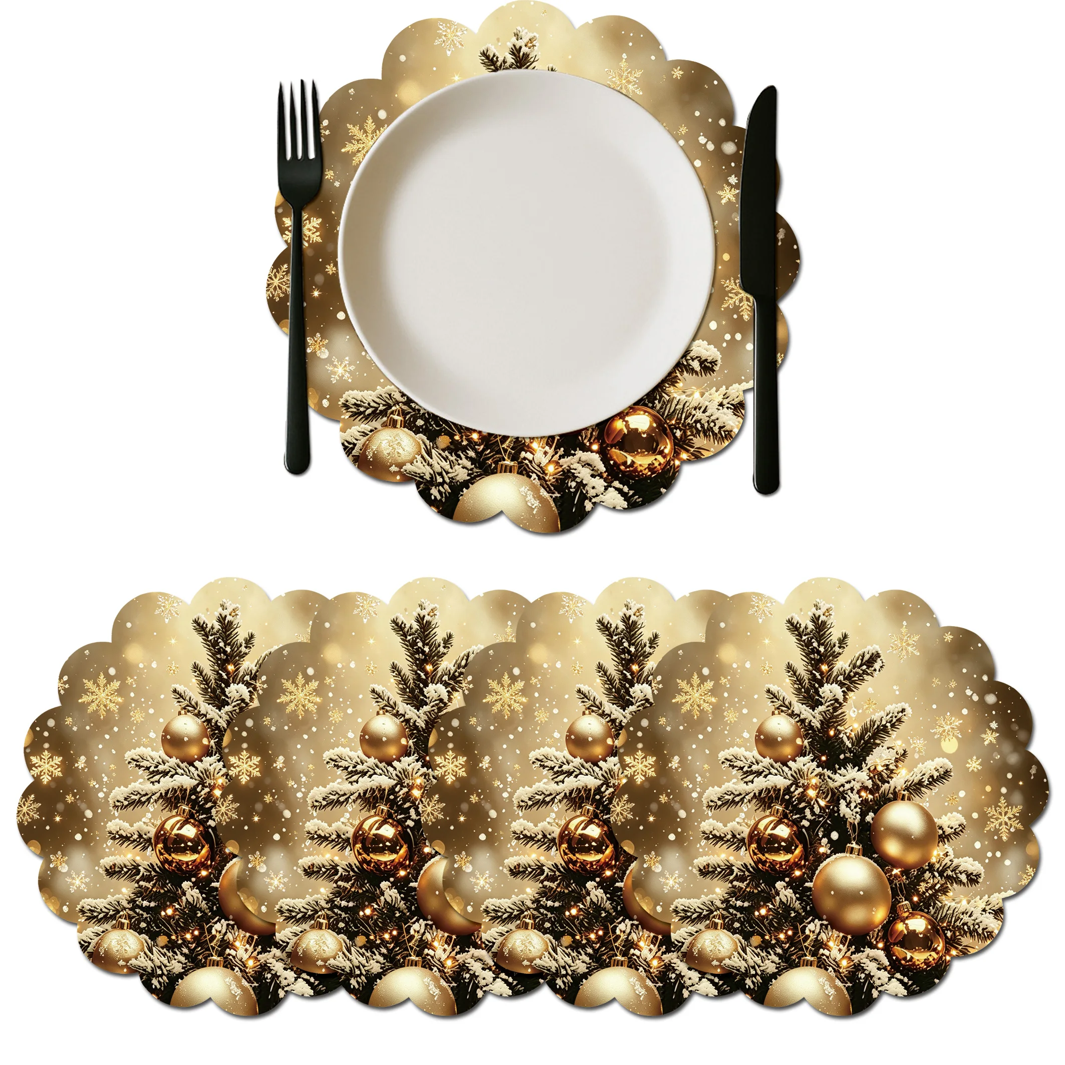 4Pcs/6Pcs Vintage Christmas Holly Table Mats With Snowflake & Christmas Tree Placemats For Family Party Holiday Table Decor