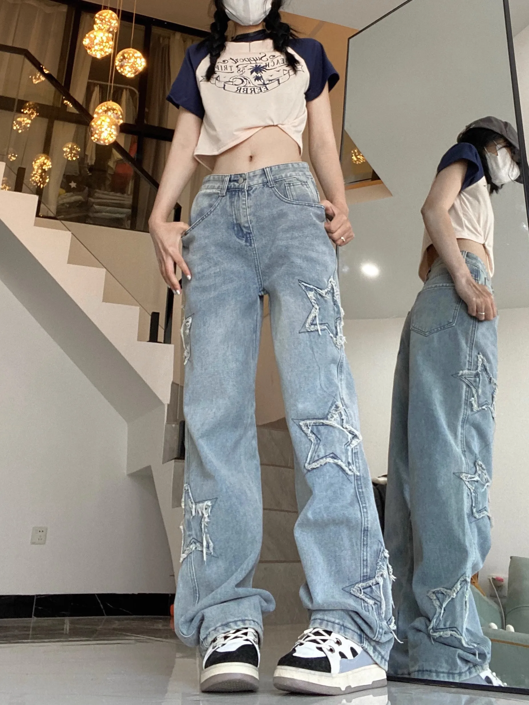 

WCFCX STUDIO Winter Streetwear Straight Jeans Womens Hip Hop High Waist Wide Leg Pants Five Pointed Star Embroidered Trousers