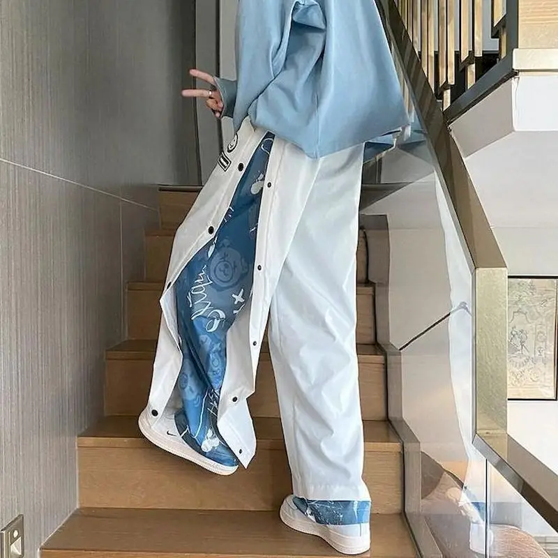 

High street pants casual trousers buttoned male gothic loose straight wide leg fake two piece pants high street men's bottoms