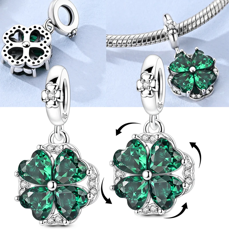 Rotatable Clover Pendant 925 Sterling Silver Charm Bead Green Zircon Inlaid Lucky Pendant Fit Bracelets Jewelry Gift for Women
