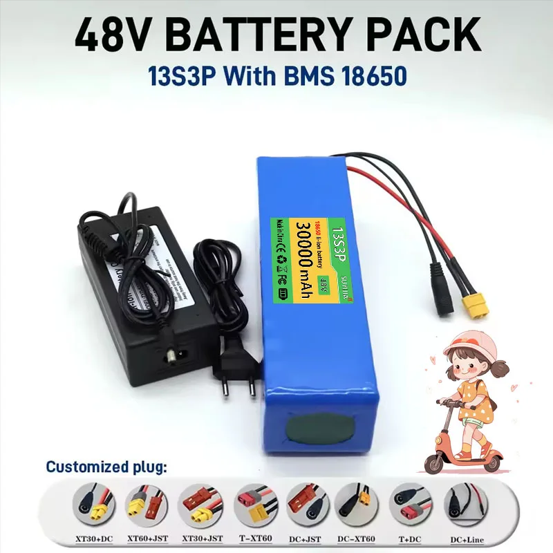 48V 13S3P 30000mAh High-power 18650 Battery Electric Vehicle Electric Motorcycle Battery with BMS+54.6V 2A Charger