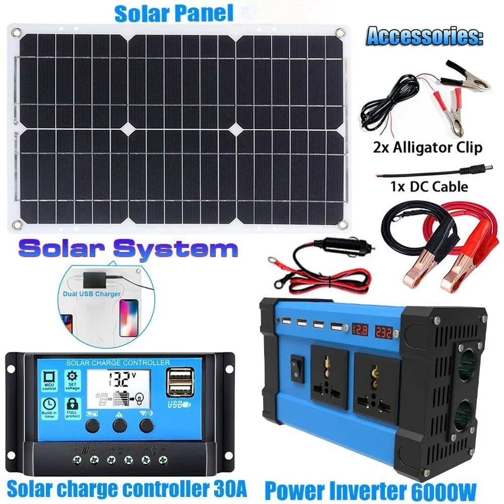 110 V/220 V 6000 W Omvormer Zonne-energieopwekkingssysteem Zonnepaneel 12 V 30A Controller Complete Stroomopwekking Kit Oplader