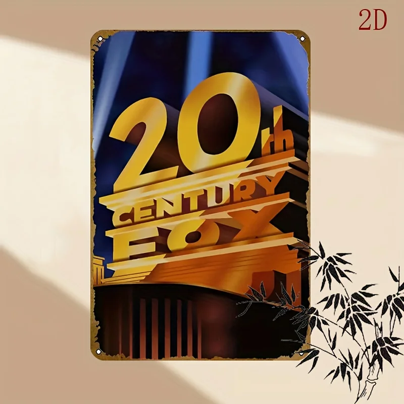Sinal de lata de metal com logotipo Fox do século 20, pôster de filme retrô resistente – Decoração de cinema retrô dourada e preta – Fo colecionável