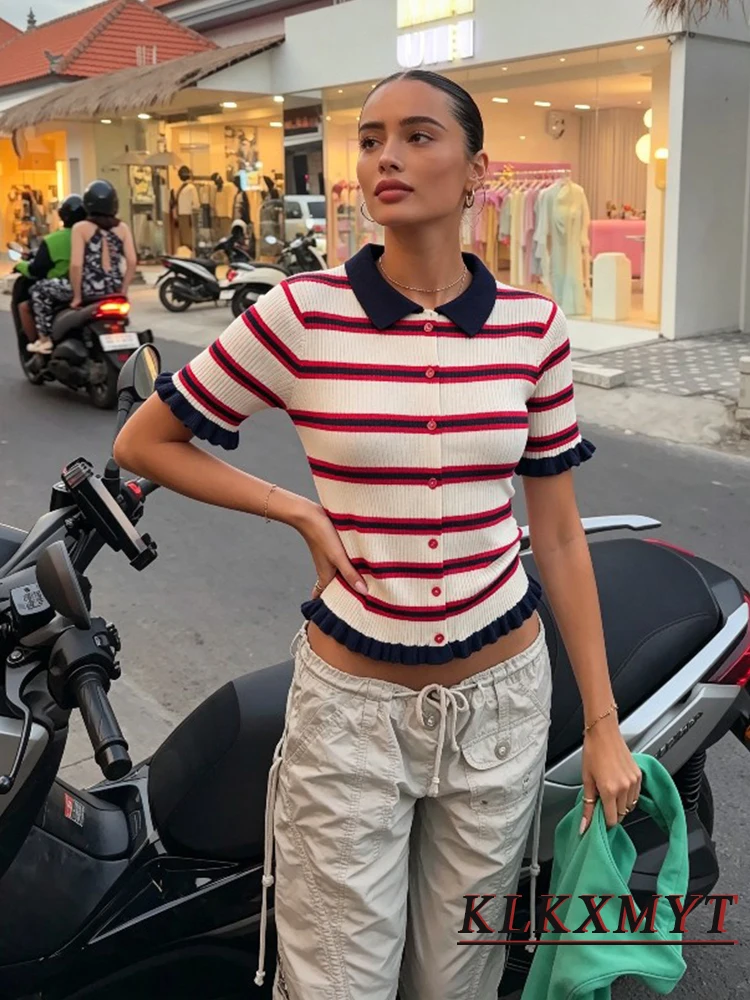 、Women Fashion Color Blocking Stripe Laple Short Sleeve Button Decoration T-Shirt Summer Elegant Vacation Top New