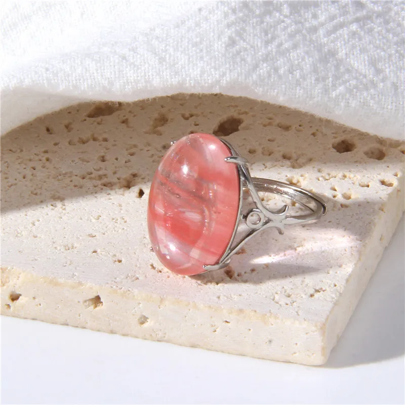 Trendy Agates Rings Natural Stone Aventurines Watermelon Rings Bohemian Silver Stainless Steel Color Rings Women Jewelry Gifts