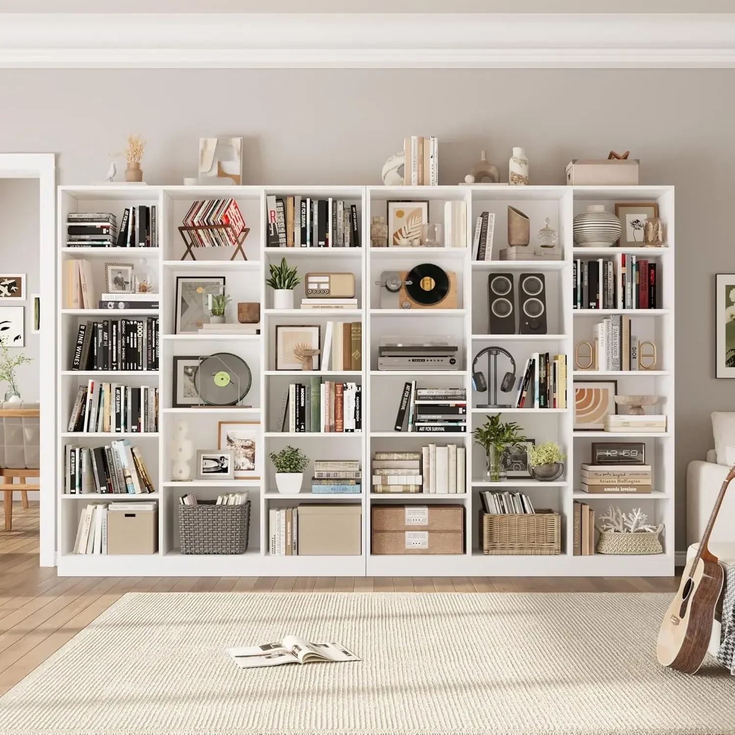 [وصول جديد! شحن مجاني! ]رف كتب ثلاثي واسع، خزانة كتب كبيرة مكونة من 6 طبقات مع 17 رفوف عرض مفتوحة، كتاب طويل 74 بوصة