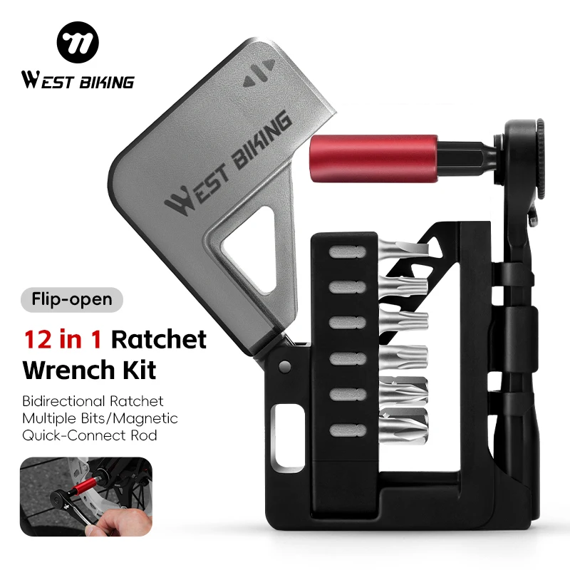 WEST BIKING 12-In-1 Bicycle Multitool Two-Way Ratchet Wrench Kit Portable Magnetic Allen Key Tools Set Box Bike Maintenance
