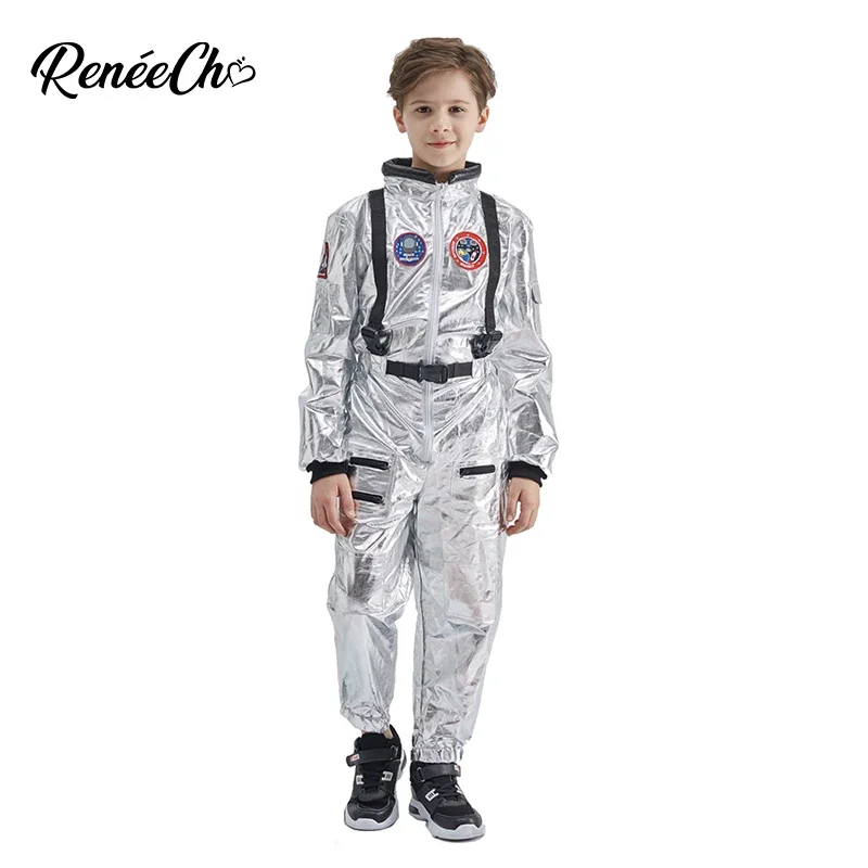 2025 ใหม่ Reneecho เด็กนักบินอวกาศ Sliver Boys Space Man COSPLAY Jumpsuit และหมวก 2 ชิ้นชุดเด็กฮาโลวีนเครื่องแต่งกาย Q3Q4