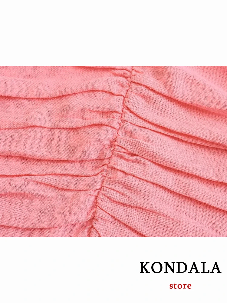 KONDALA Chic Sweet Solid Pink Sexy Holiday Women Suit Fashion Halter Blending Strapless Pleated Cami Top Long Split Layer Skirt