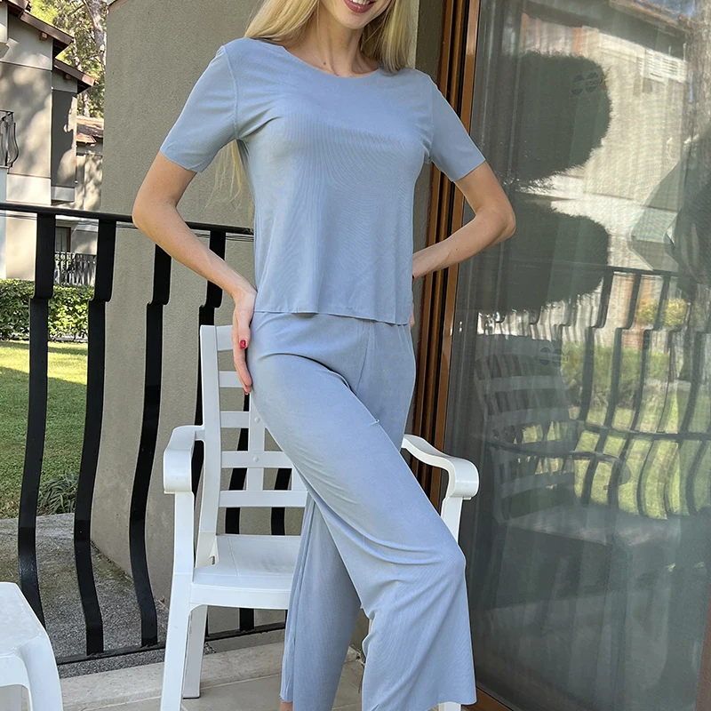 Female Home Clothes 2 Pieces Set Lady Home Suit Summer Womens Sleepwear Autumn Loose Homewear Suit for Women Pajamas Pants Set